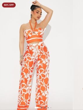 Fashion Nova Orange & White Floral Strapless Crop Top with Wide-Leg Pants